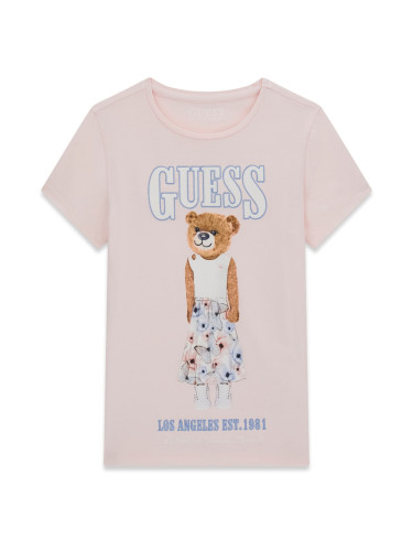 Блуза в светлорозов цвят с щампа мече и лого Guess
