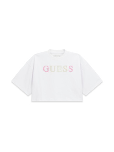 Къса блуза в бял цвят с многоцветно лого Guess