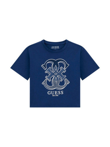 Къса блуза в тъмносин с щампа от сребристи камъни и лого Guess