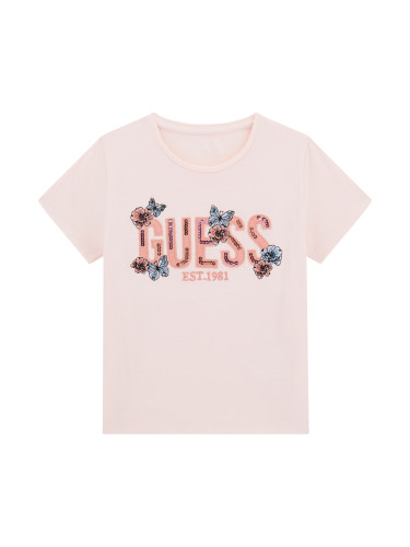 Тениска в светлорозов цвят с пайети и щампа пеперуди Guess