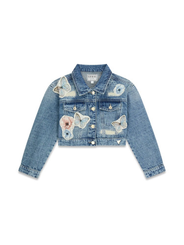 Дънково късо яке в светъл деним с протъркан ефект и щампа пеперуди Guess