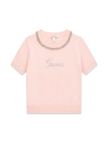 Тениска в светлорозов цвят с камъни с ефект на колие Guess
