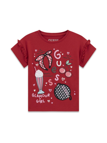 Блуза с къс ръкав в цвят бордо с щампа Guess
