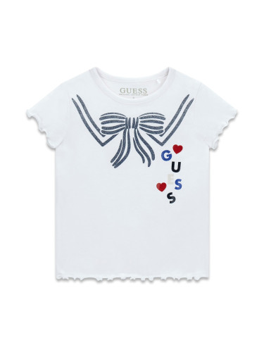Детска блуза с къс ръкав в бял цвят с панделка и надпис Guess