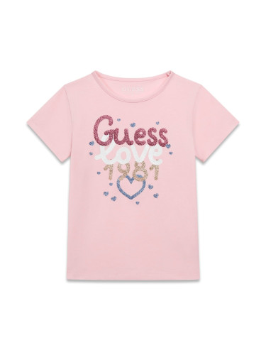 Детска блуза с къс ръкав в светлорозов цвят с надпис Guess
