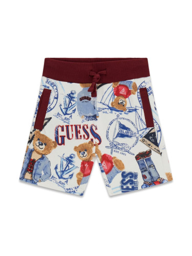 Бебешки къс панталон в цвят бордо с щампи на мече и надписи Guess