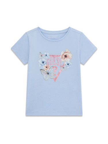 Детска тениска в светлосин цвят с щампа на цветя и пеперуди Guess