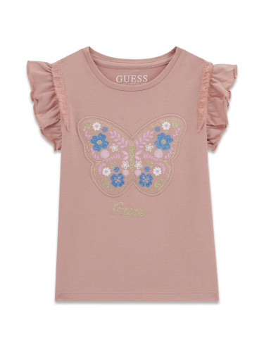 Бебешка тениска в розов цвят с бродирана пеперуда и надпис Guess