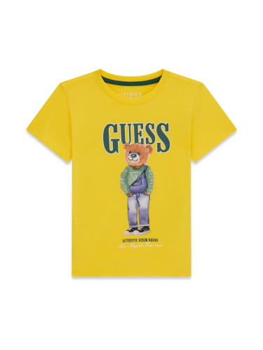 Детска тениска в цвят горчица с щампа мече Guess