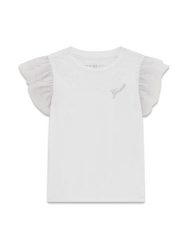 Детска тениска в бял цвят с бродиран надпис Guess