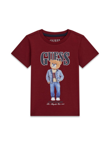 Бебешка тениска в цвят бордо с щампа мече Guess