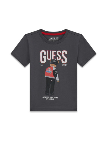 Бебешка тениска в цвят графит с щампа мече Guess