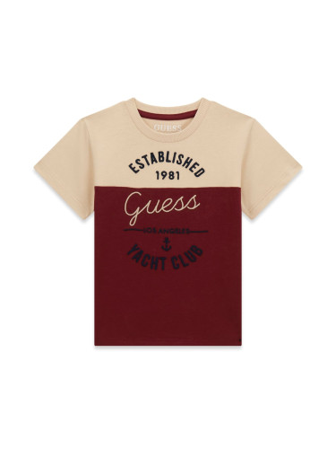 Детска тениска с двуцветен десен и бродирани надписи Guess