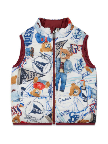 Детски двулицев елек в цвят бордо с щампи на цветни мечета и надписи Guess