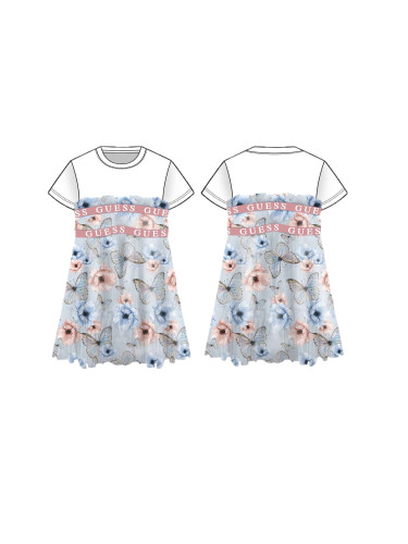 Детска рокля в светлосин цвят с щампа цветя и пеперуди Guess