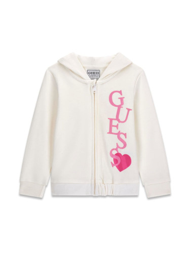 Детски трикотажен суитшърт в екрю с качулка и цветно лого отпред Guess