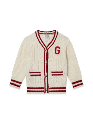 Бебешка жилетка от фино плетиво в цвят екрю с лого отзад Guess