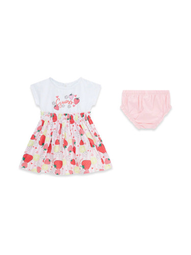 Бебешка бяла рокля с щампи на цветни плодове и лого Guess