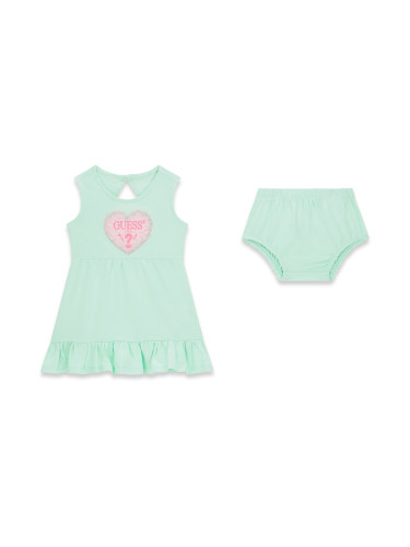 Бебешка трикотажна рокля в цвят мента с пайети и лого Guess