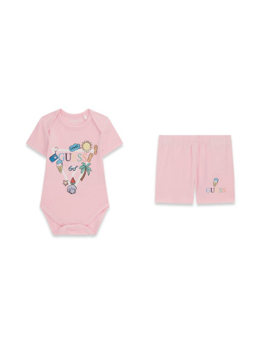 Бебешки комплект в розов цвят с цветни щампи и лого Guess