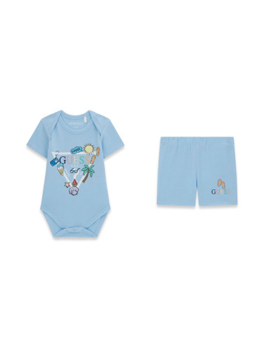Бебешки комплект в светлосин цвят с цветни щампи и лого Guess