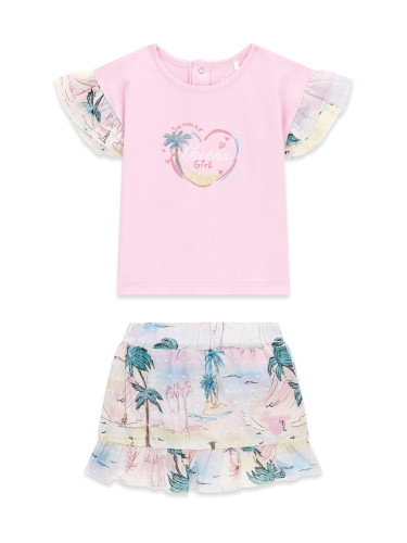 Бебешки комплект в розов цвят с щампи на палми и надпис Guess