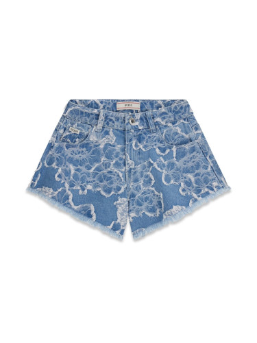 Детски къси дънки в светъл деним с щампа цветя с протъркан ефект Guess