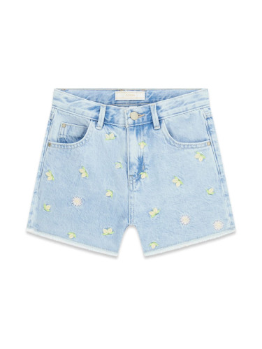 Детски къси дънки в светъл деним с бродерия лимони и цветя Guess