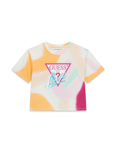 Детска блуза с къс ръкав в оранжев цвят с цветна щампа и лого Guess