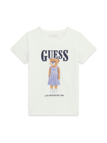 Блуза с къс ръкав в бял цвят с принт мече и лого Guess