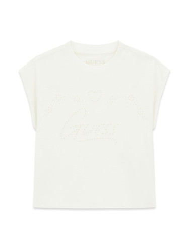 Изчистена детска блуза в бял цвят с фин бежов надпис Guess
