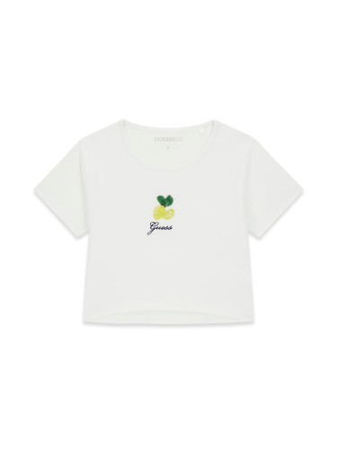 Детска блуза с къс ръкав в бял цвят с щампа от мънисто и лого Guess