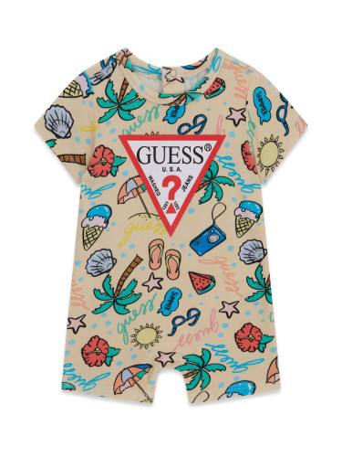Бебешки летен гащеризон с цветна плажна щампа и лого Guess