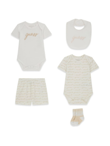 Бебешки летен комплект от пет части в бежов цвят с щампа GUESS