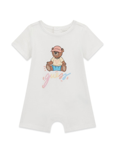 Бебешки летен гащеризон в бял цвят с щампа мече и розово лого Guess