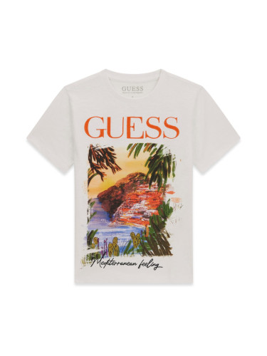 Детска тениска в бял цвят с голяма щампа и бродирано лого Guess