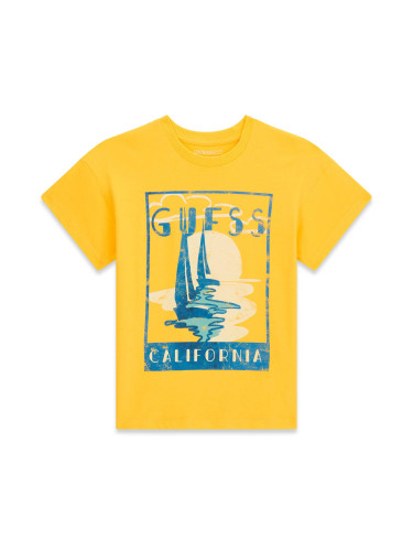 Детска тениска в жълт цвят с щампа и надпис Guess