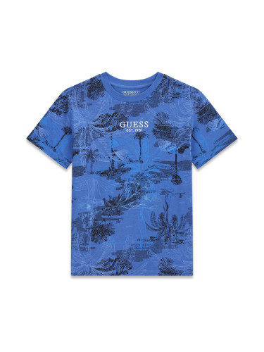 Детска тениска в син цвят с щампи на палми и лого Guess