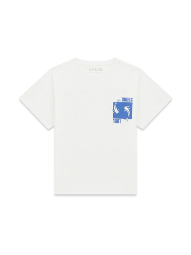 Блуза с къс ръкав в бял цвят с щампа риби на гърба и лого Guess