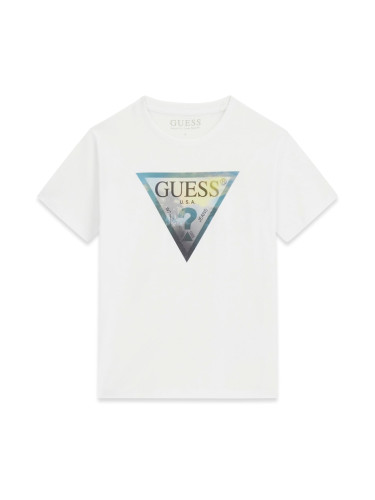 Блуза с къс ръкав в бял цвят с триъгълно лого с палми Guess