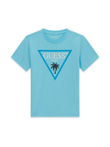 Детска блуза с къс ръкав в цвят тюркоаз и щампа палма с лого Guess
