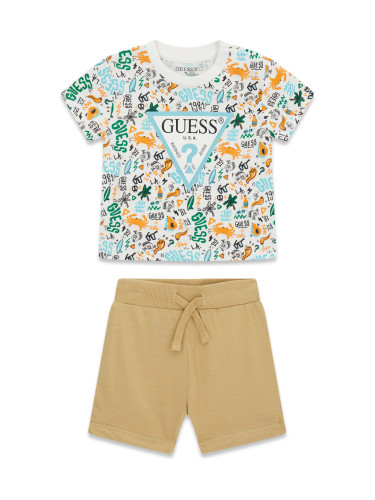 Бебешки комплект от две части в бежов цвят с цветни щампи и лого Guess