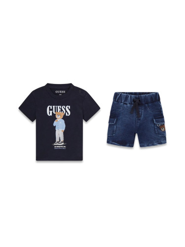 Бебешки комплект от две части в тъмносин цвят с дънки и щампа на мече Guess