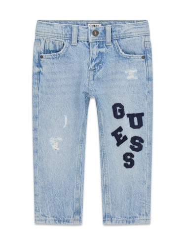 Дънки в светъл деним с накъсан ефект и бродирано надпис Guess