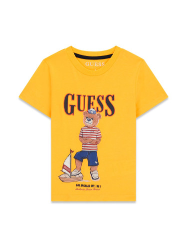 Бебешка тениска в жълт цвят с щампа на мече Guess