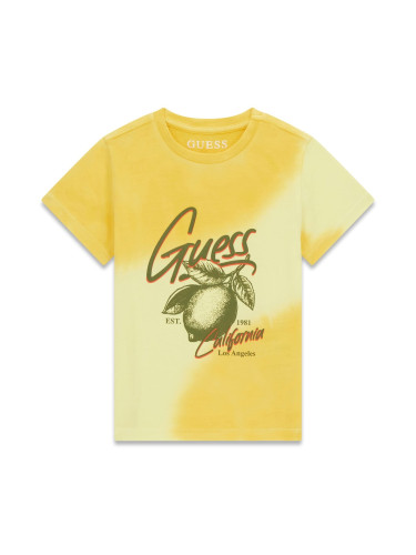 Бебешка блуза с къс ръкав в жълт цвят с щампа лимон и лого Guess