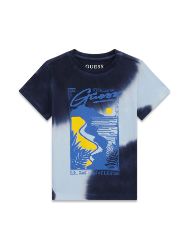 Детска блуза с къс ръкав в тъмно син цвят с лятна щампа и лого Guess