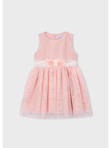 Детска официална розова рокля с тюл и колан с цветя Mayoral