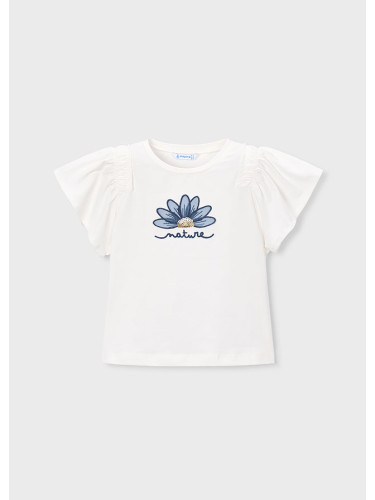 Детска тениска в бял цвят с бродирана щампа и ефектни ръкави Mayoral