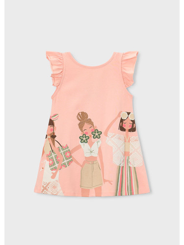 Детска трикотажна рокля в цвят праскова със забавна щампа на момичета Mayoral